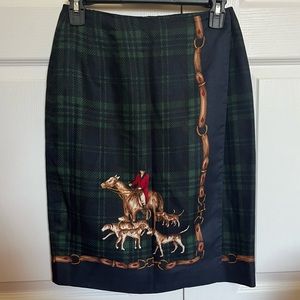 brooks brothers green blue plaid with horse and dogs print faux wrap skirt